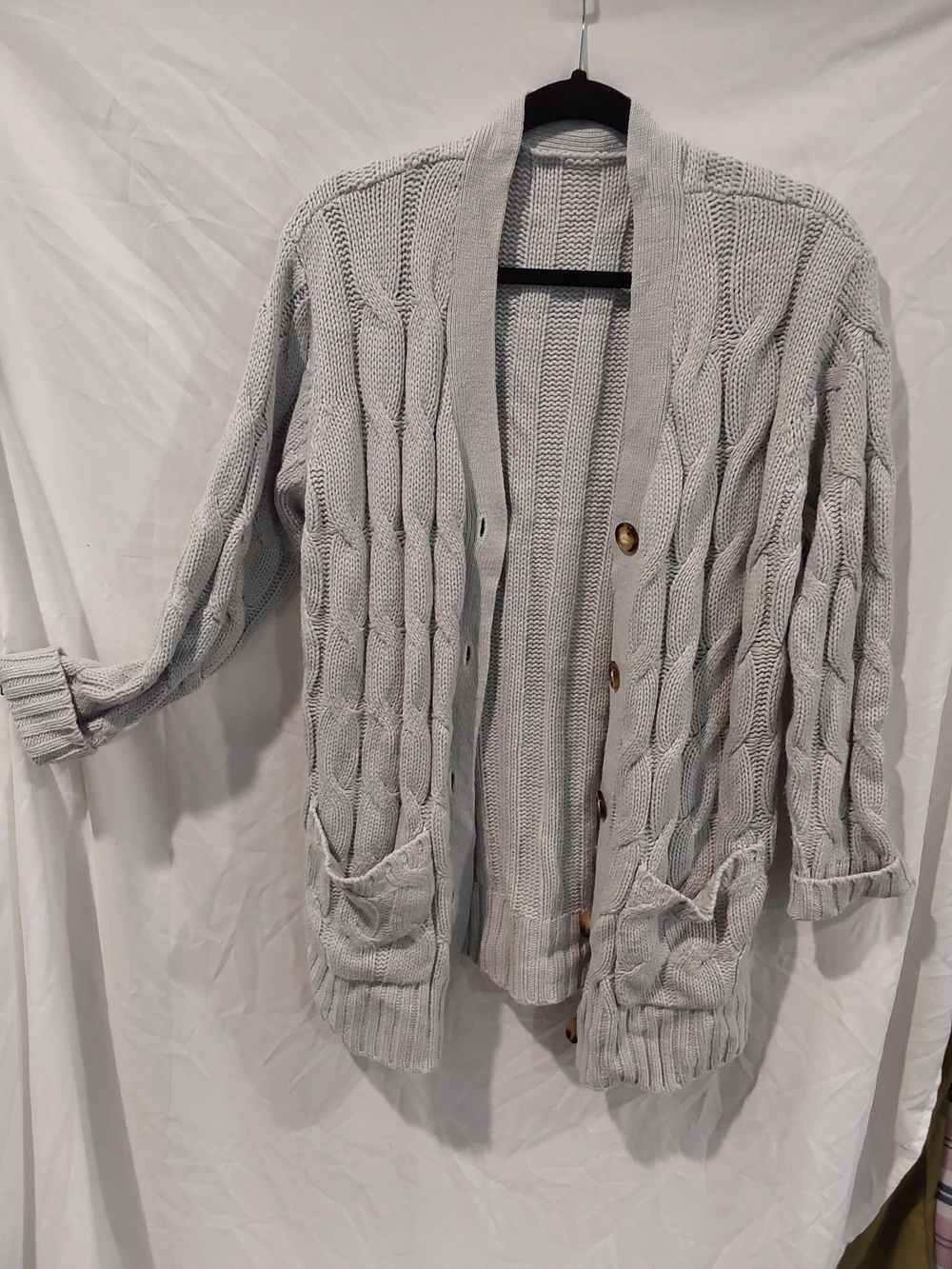 Light Gray Cable-Knit Button Cardigan Sweater